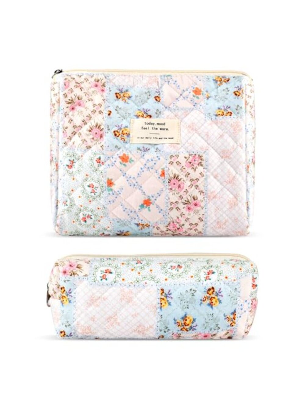 Quilted Cotton Makeup Bag Set Large Travel Pouch & Brush Holder